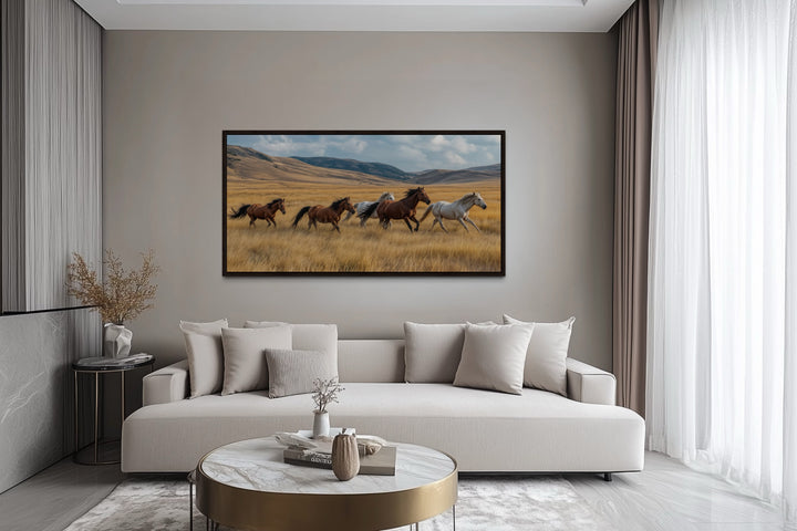 Galloping Wild Horses In Nature Framed Canvas Wall Art