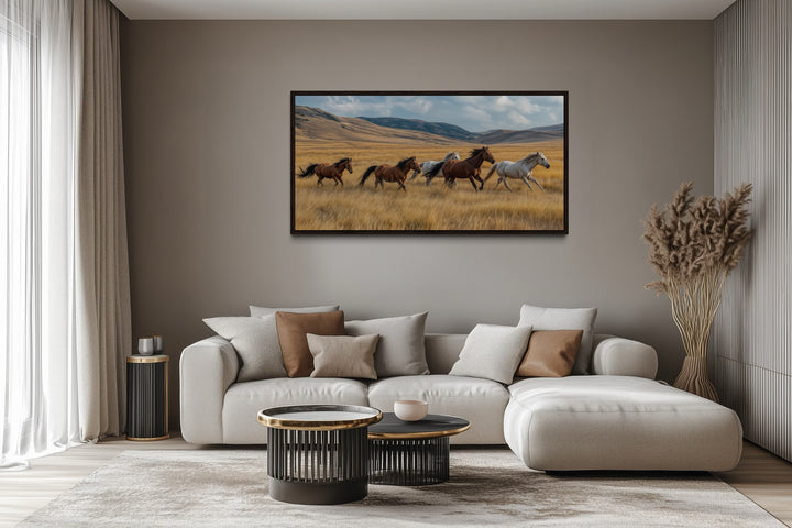 Galloping Wild Horses In Nature Framed Canvas Wall Art