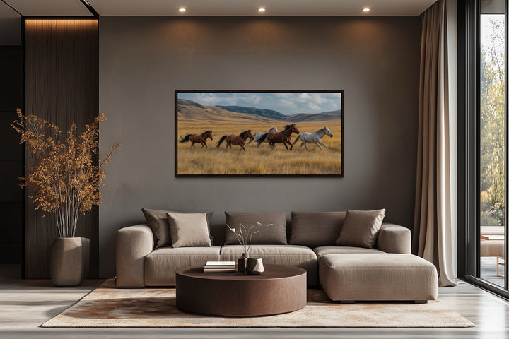 Galloping Wild Horses In Nature Framed Canvas Wall Art