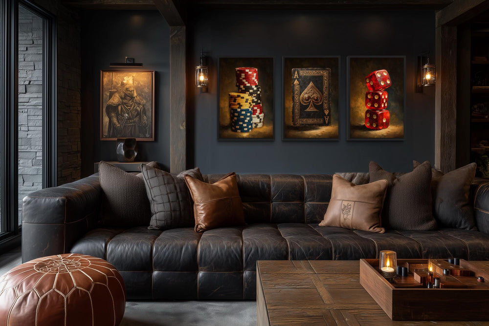 Game Room Wall Decor Set | Casino Wall Art - Poker Chips Canvas & Red Dice Man Cave Wall Art