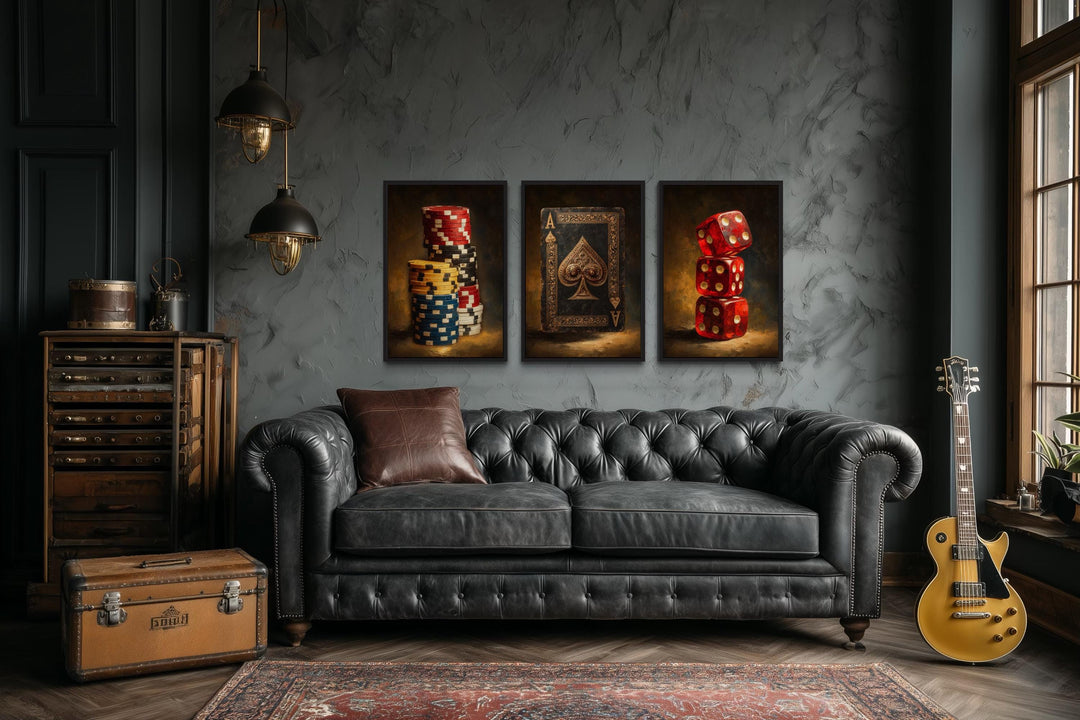 Game Room Wall Decor Set Of 3 – Casino Poker Chips, Ace Of Spades Playing Card, And Red Dice