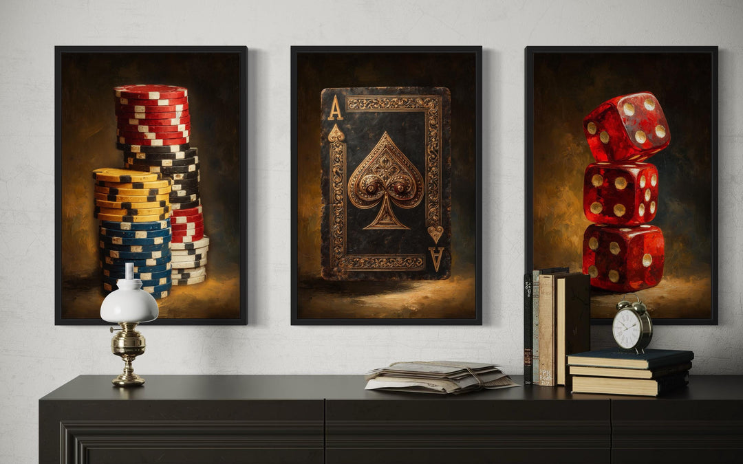 Game Room Wall Decor Set Of 3 – Casino Poker Chips, Ace Of Spades Playing Card, And Red Dice