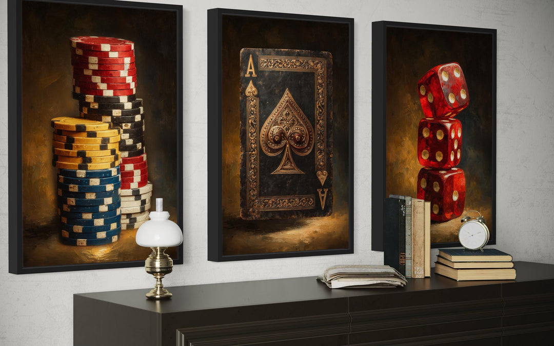 Game Room Wall Decor Set Of 3 – Casino Poker Chips, Ace Of Spades Playing Card, And Red Dice