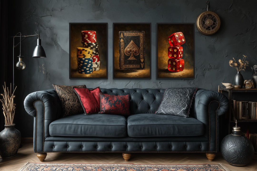 Game Room Wall Decor Set Of 3 – Casino Poker Chips, Ace Of Spades Playing Card, And Red Dice