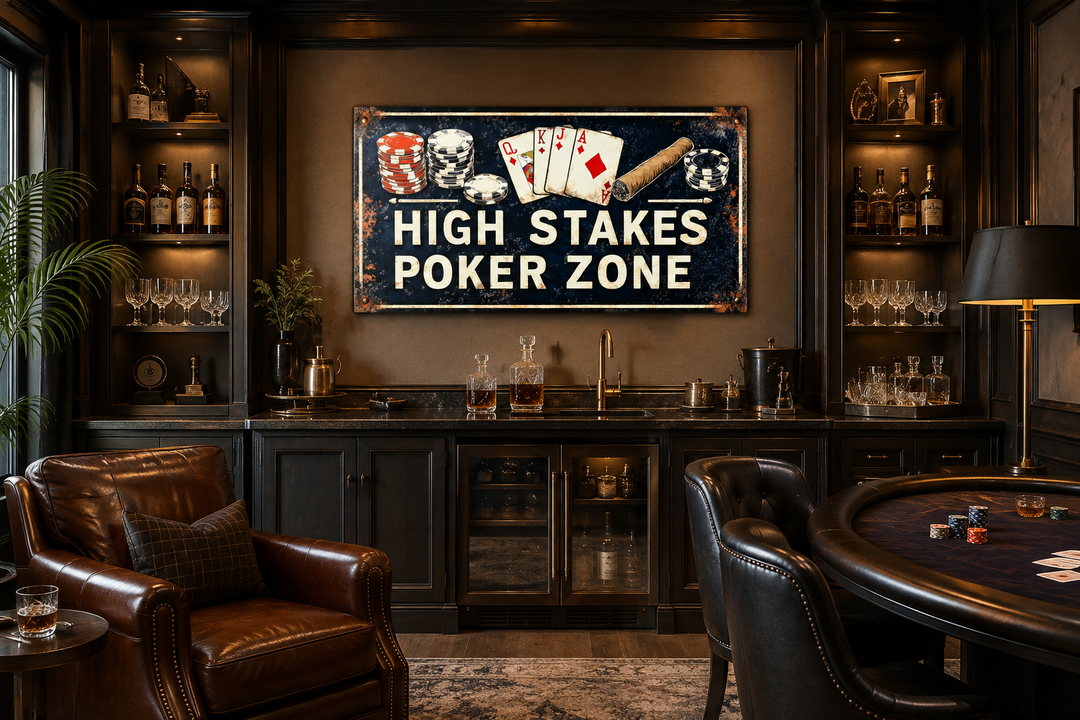High Stakes Poker Zone canvas sign with cards, chips, and a cigar in a dark, sophisticated bar room.