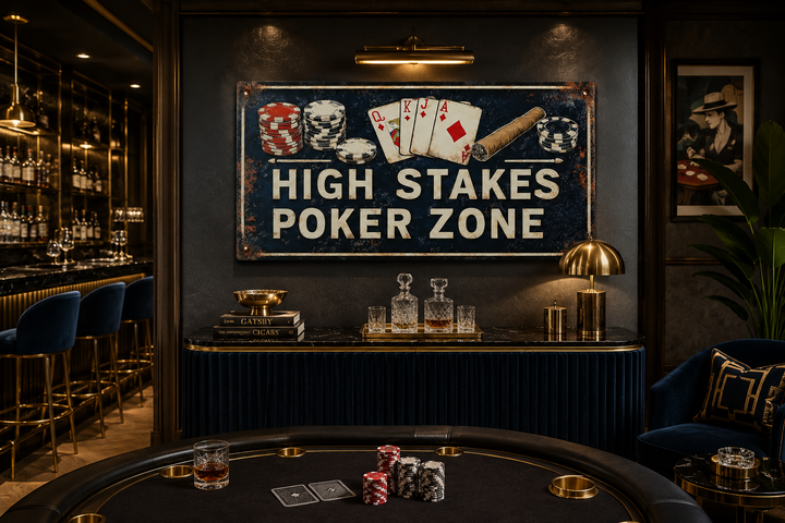 Vintage-style High Stakes Poker Zone sign on a dark wall in a sophisticated game room.