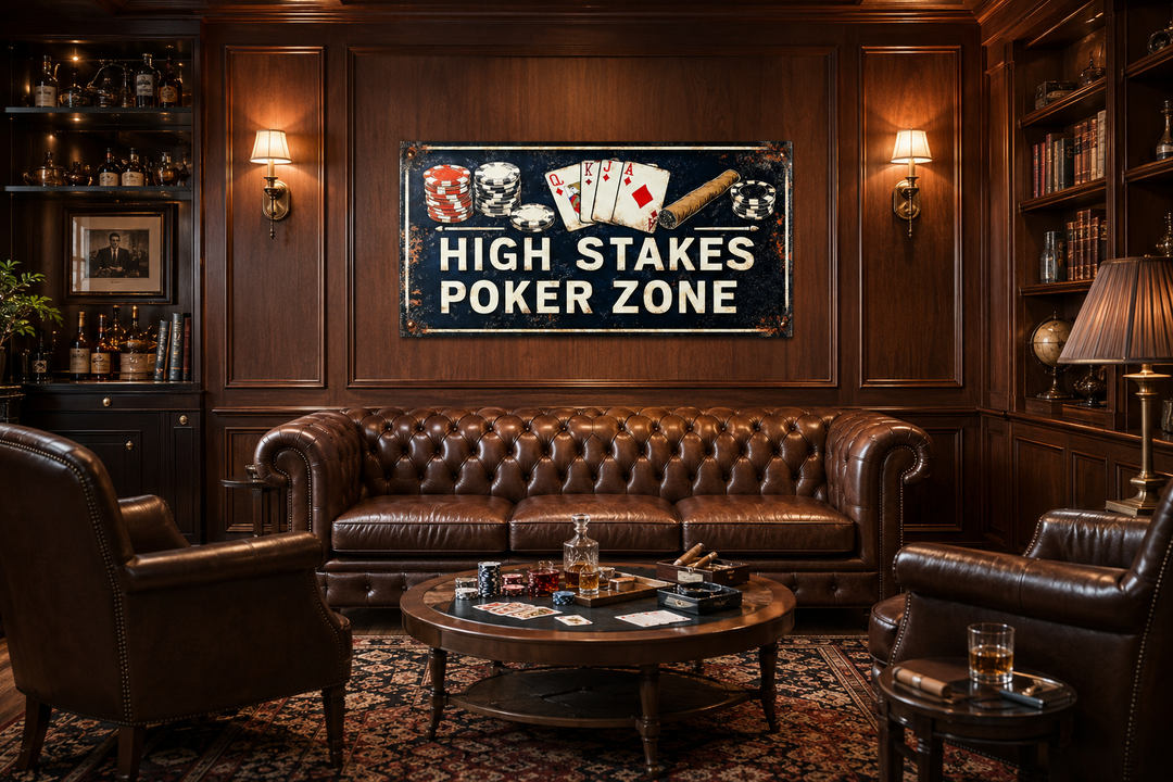 High Stakes Poker Zone canvas sign on a wood-paneled wall above a leather sofa in a game room.