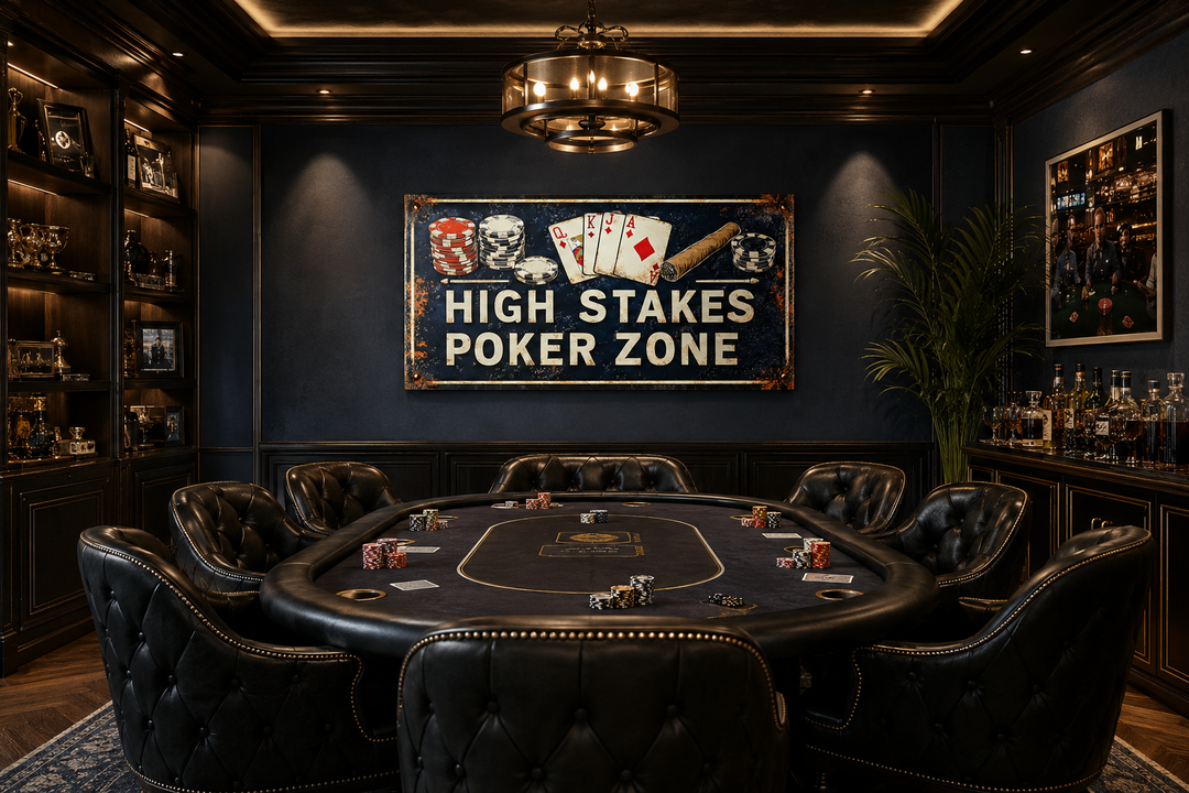 High Stakes Poker Zone vintage-style canvas sign in a dark game room with a poker table and chairs.