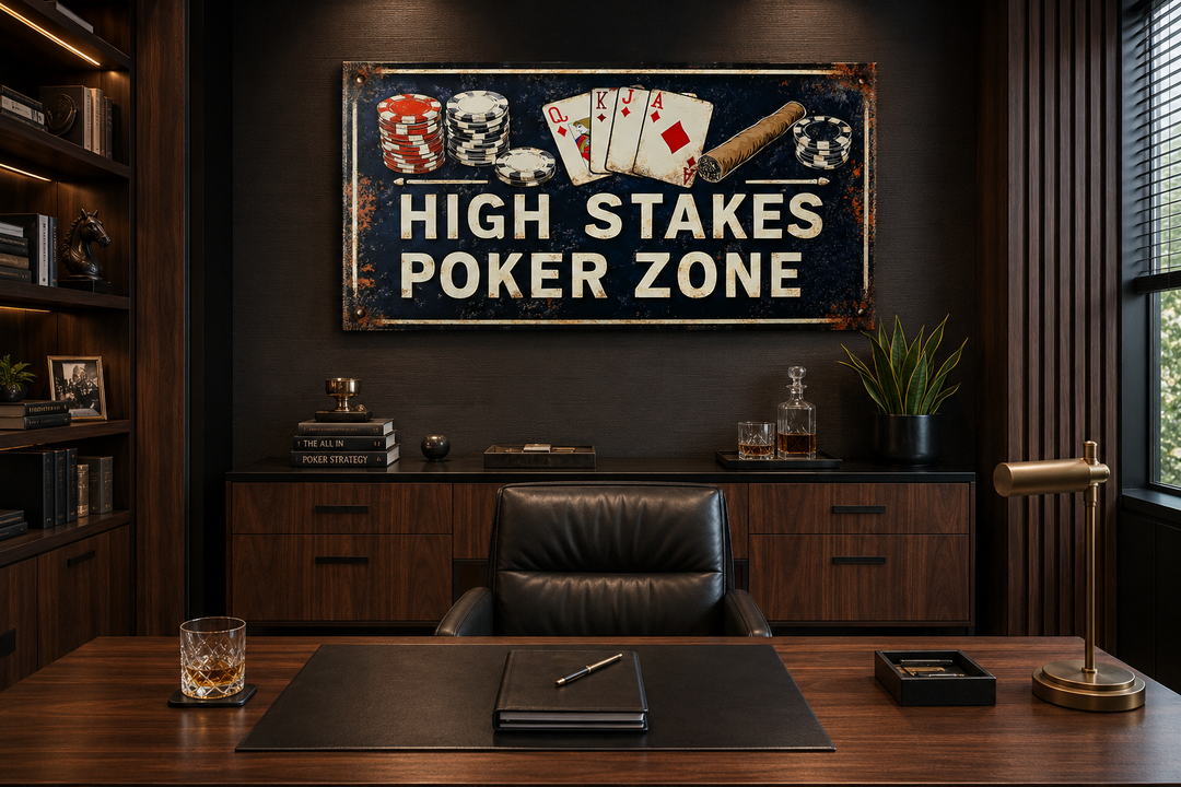 Vintage-style High Stakes Poker Zone sign on a dark wall in a sophisticated home office or game room.