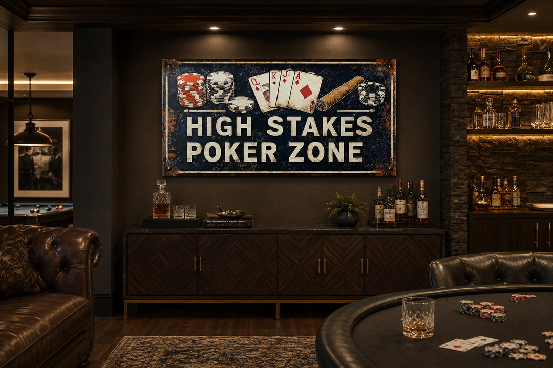 Vintage-style High Stakes Poker Zone sign on a dark wall in a game room with a poker table.