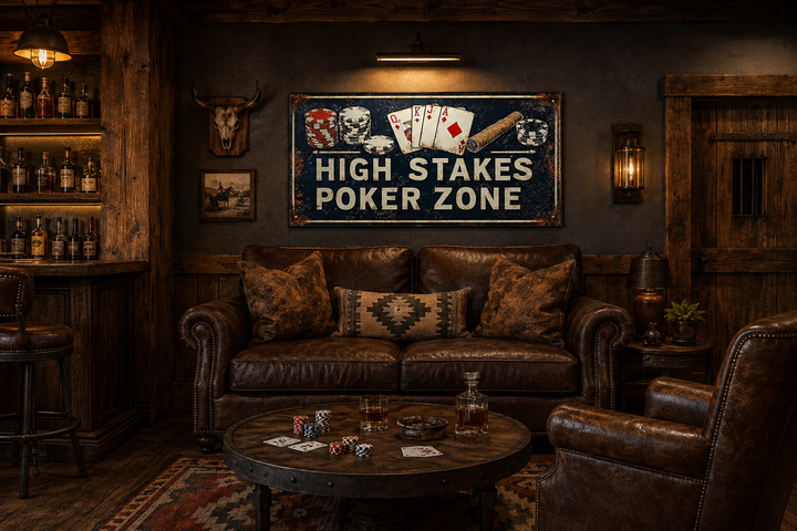 Vintage-style High Stakes Poker Zone sign on a dark wall in a rustic man cave with leather seating.