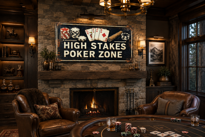 Vintage-style High Stakes Poker Zone sign on a stone fireplace in a rustic game room with armchairs.
