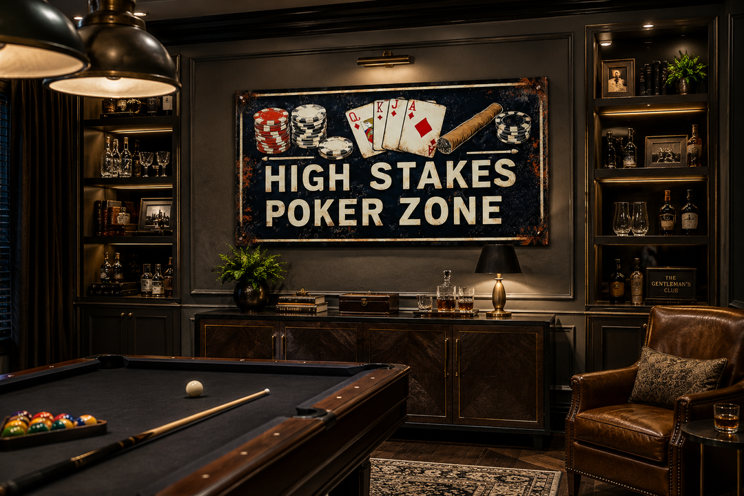 Vintage-style High Stakes Poker Zone canvas sign in a dark game room with a pool table and bar.