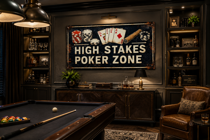 Vintage-style High Stakes Poker Zone canvas sign in a dark game room with a pool table and bar.
