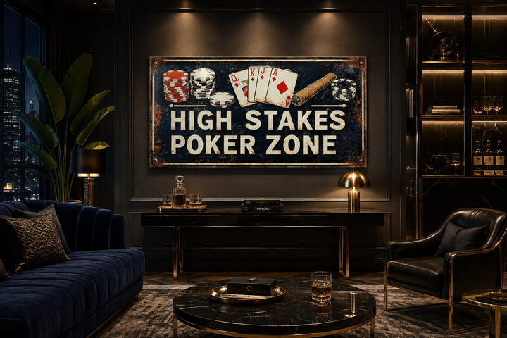 Vintage-style High Stakes Poker Zone sign on a dark wall in a sophisticated game room setting.