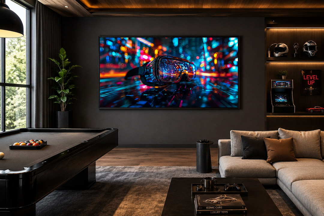 Futuristic VR goggles canvas print with vibrant neon lights in a modern game room setting.