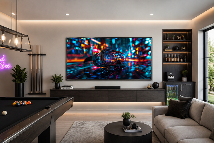 Futuristic VR goggles canvas wall art with neon lights displayed in a modern game room.