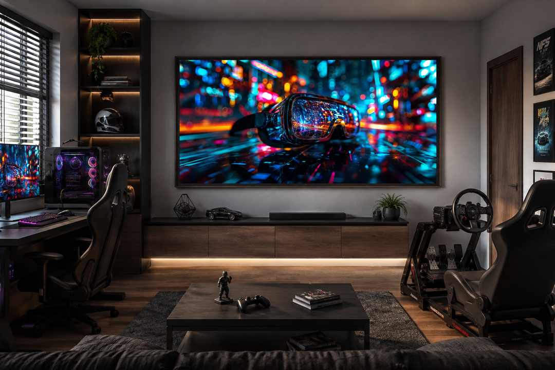 VR Goggles Wall Art canvas print featuring vibrant neon lights in a futuristic gaming room.