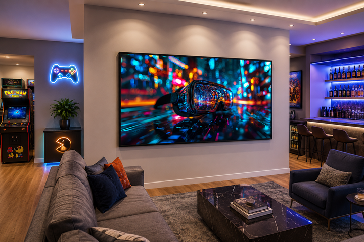 Futuristic VR goggles canvas wall art in a modern game room with neon lights and a gray sofa.