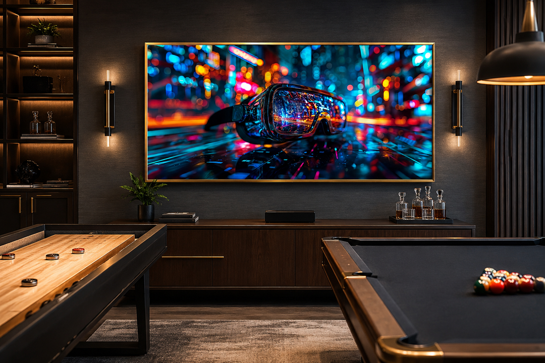 VR goggles wall art canvas print in a modern game room with a pool table and shuffleboard.