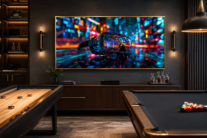 VR goggles wall art canvas print in a modern game room with a pool table and shuffleboard.