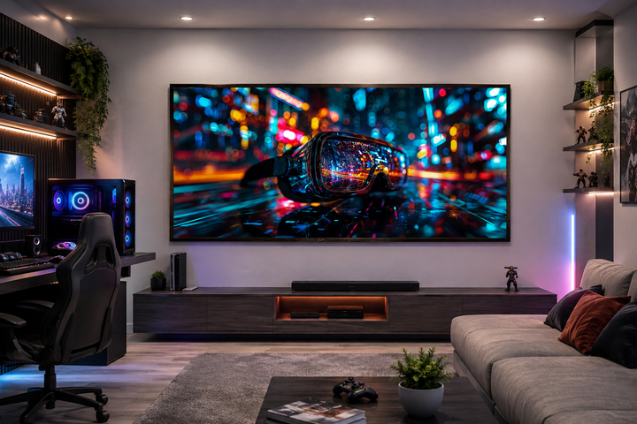 Futuristic VR goggles wall art canvas print displayed in a modern gaming room above a media console.