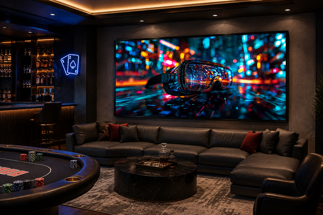 Futuristic VR goggles canvas wall art displayed in a modern game room above a leather sofa.