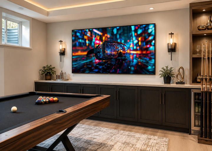Futuristic VR goggles wall art canvas print in a modern game room with a pool table.