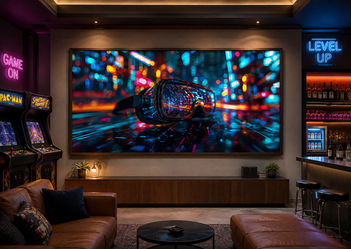 Futuristic VR goggles canvas wall art with neon lights in a modern gaming room setting.