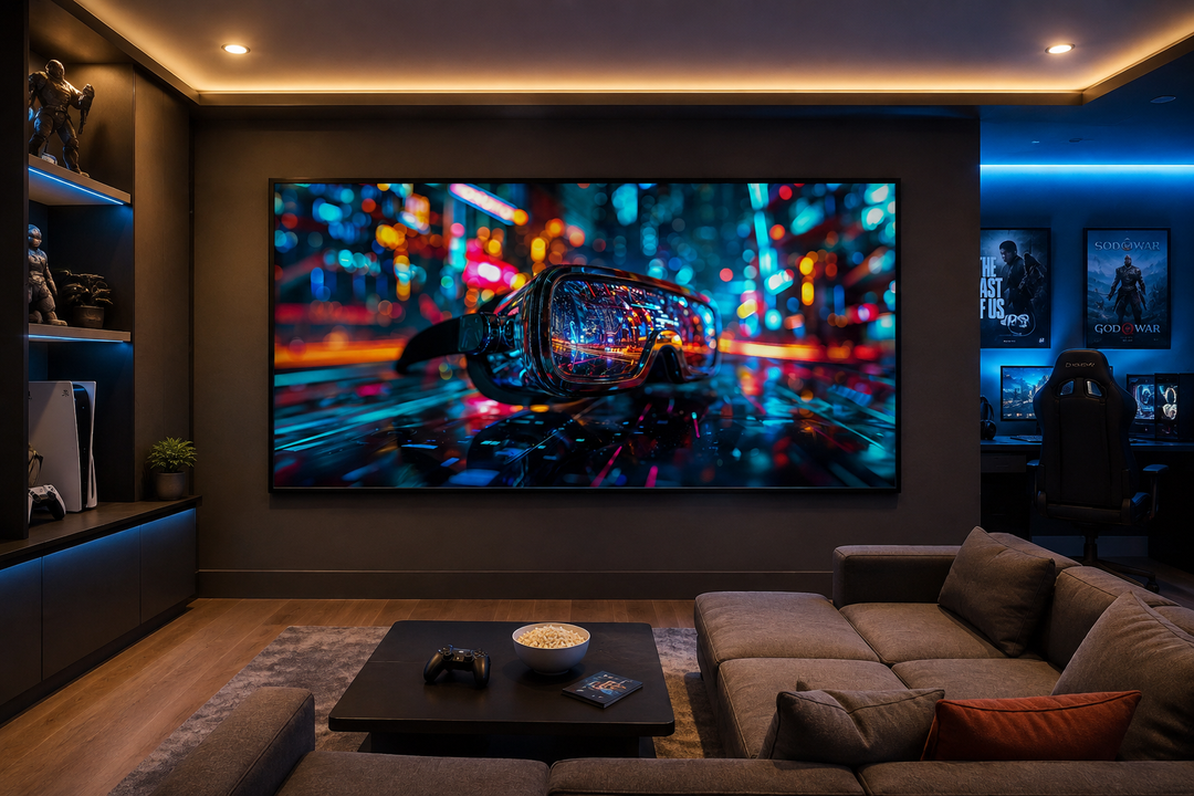 Futuristic VR goggles canvas wall art displayed in a modern gaming room above a grey sectional sofa.