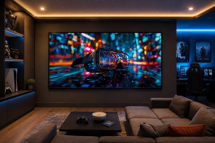 Futuristic VR goggles canvas wall art displayed in a modern gaming room above a grey sectional sofa.