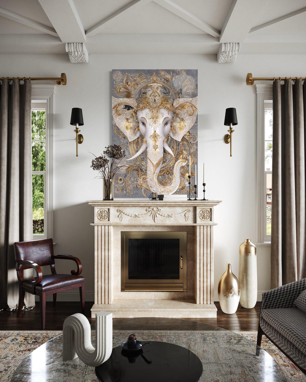 Elegant gold and white Ganesh canvas wall art displayed above a fireplace in a modern living room.