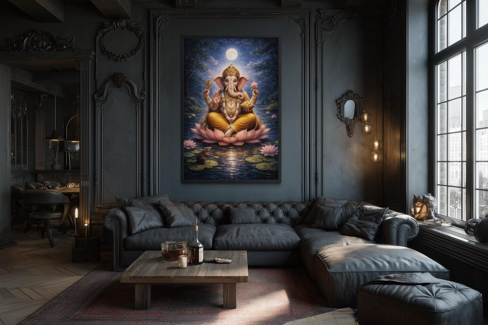 A vertical canvas print of Lord Ganesh meditating on a lotus flower in a dark, ornate living room.