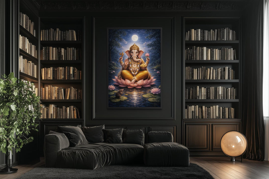 Ganesh wall art canvas print featuring Lord Ganesh on a lotus in a dark, modern library setting.