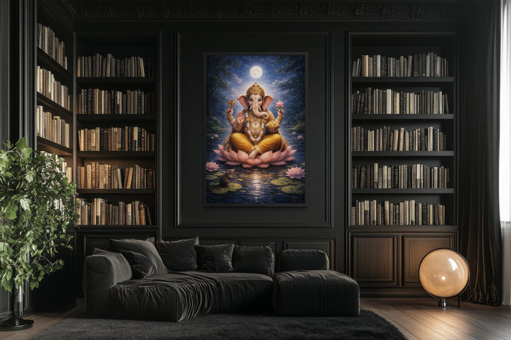 Ganesh wall art canvas print featuring Lord Ganesh on a lotus in a dark, modern library setting.