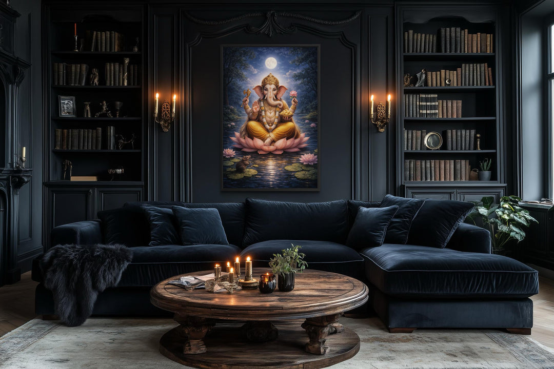 Ganesh wall art canvas print featuring Lord Ganesh on a lotus in a dark, elegant living room.