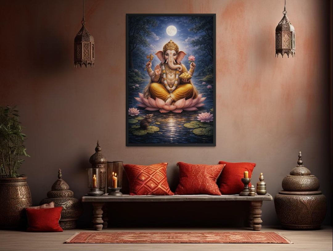 Traditional Indian canvas print of Lord Ganesh meditating on a lotus flower in a serene room setting.