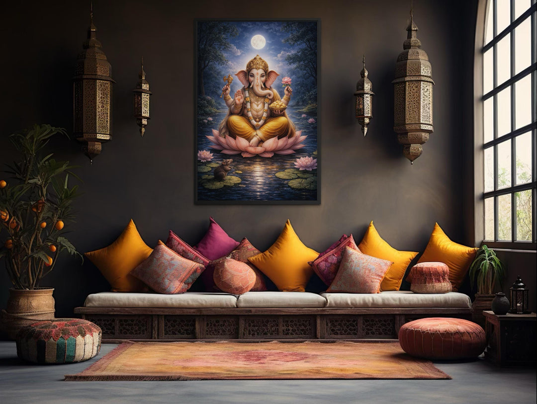 A traditional Indian canvas print of Lord Ganesh on a lotus, displayed in a serene meditation room.