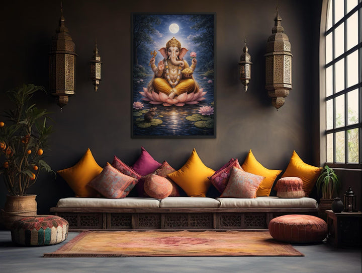 A traditional Indian canvas print of Lord Ganesh on a lotus, displayed in a serene meditation room.