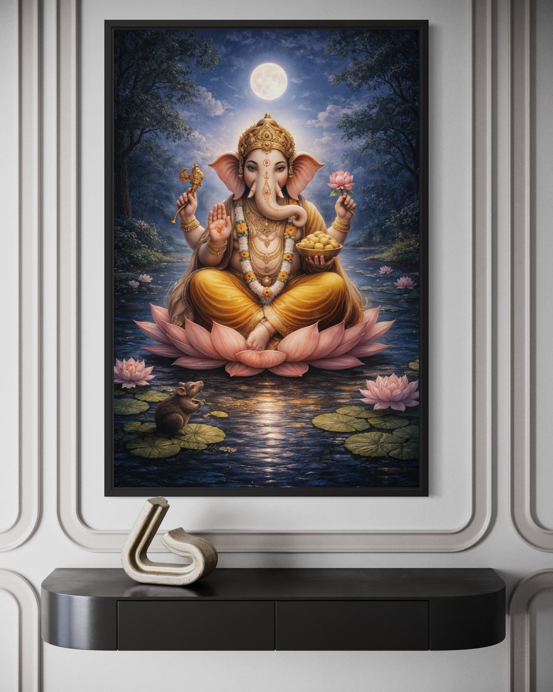 A framed canvas print of Lord Ganesh meditating on a lotus flower under a full moon.