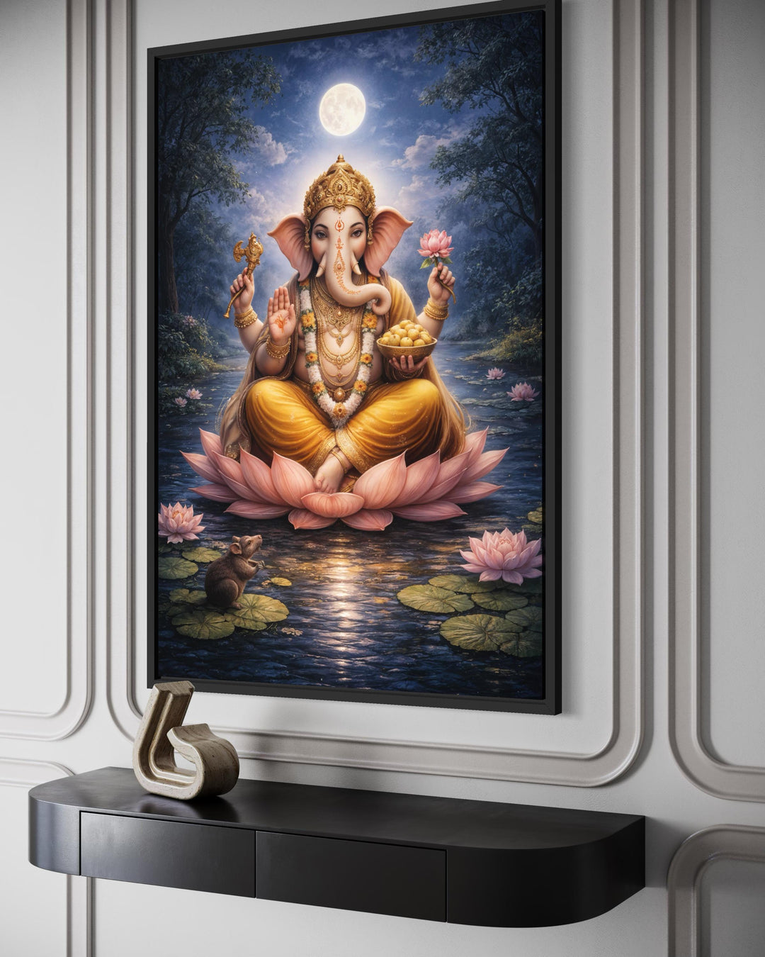 Ganesh wall art featuring a traditional Indian canvas print of Lord Ganesh on a lotus flower.