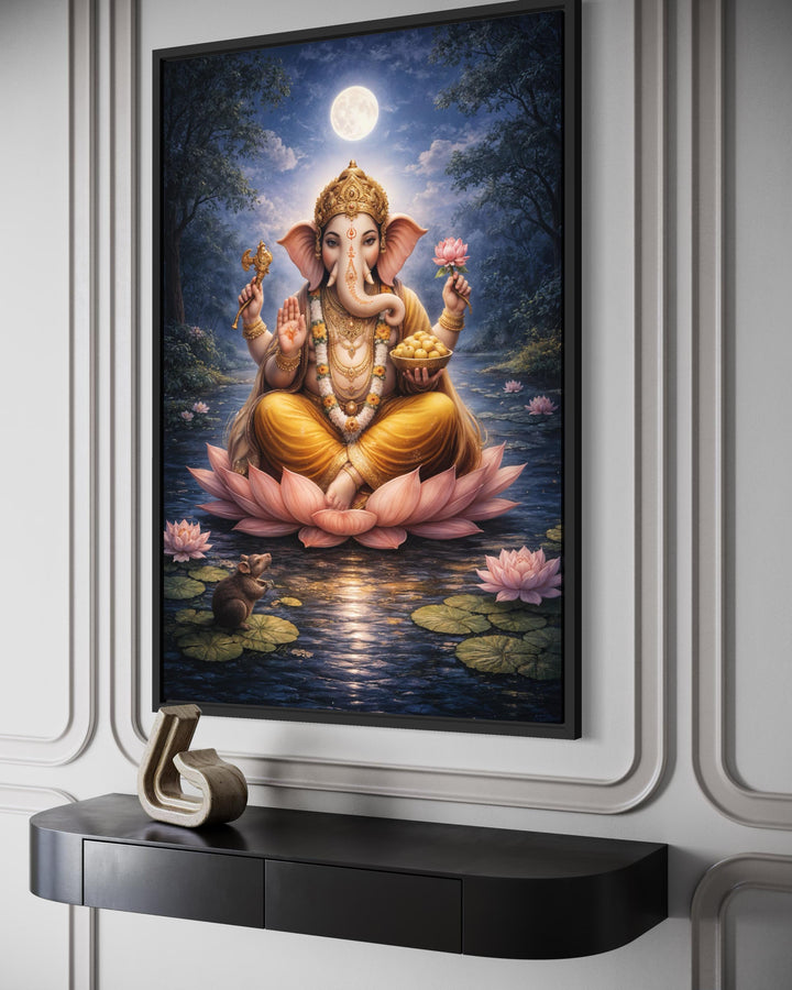 Ganesh wall art featuring a traditional Indian canvas print of Lord Ganesh on a lotus flower.
