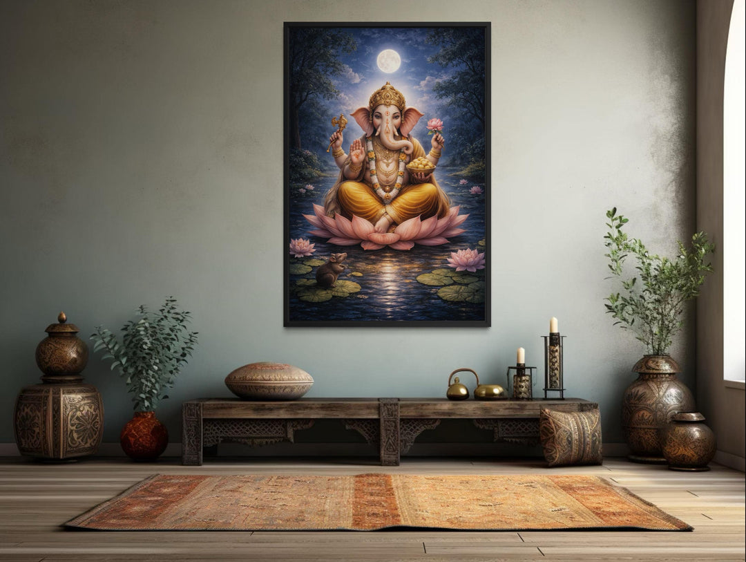 A framed canvas print of Lord Ganesh meditating on a lotus flower in a serene, moonlit setting.