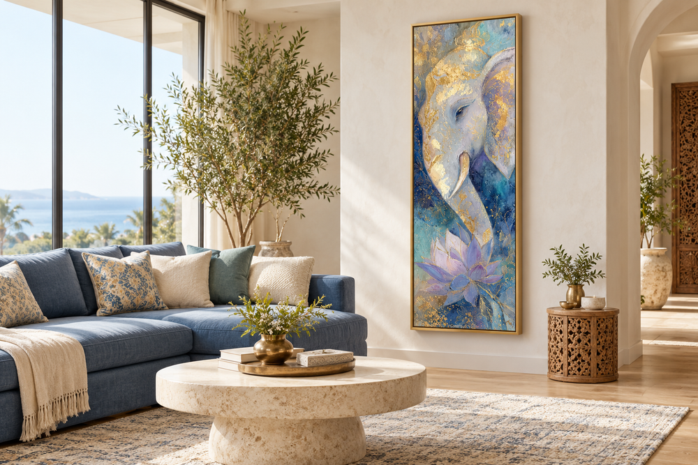 Tall narrow blue and gold Ganesh canvas art with lotus flower in a gold frame on a living room wall.