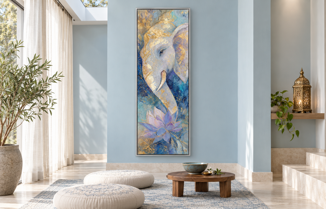 Tall narrow Ganesh wall art in blue and gold with a lotus flower in a serene meditation room.