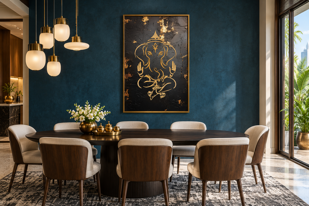 Minimalist black and gold Lord Ganesha framed canvas wall art in a modern dining room setting.