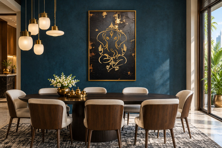 Minimalist black and gold Lord Ganesha framed canvas wall art in a modern dining room setting.