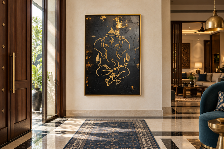 Minimalist black and gold Lord Ganesha framed canvas wall art in a modern entryway.