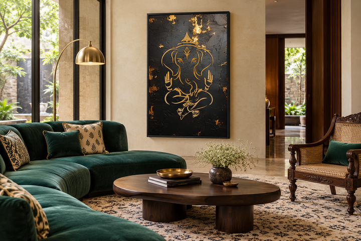 Minimalist black and gold Lord Ganesha framed canvas wall art in a modern living room setting.