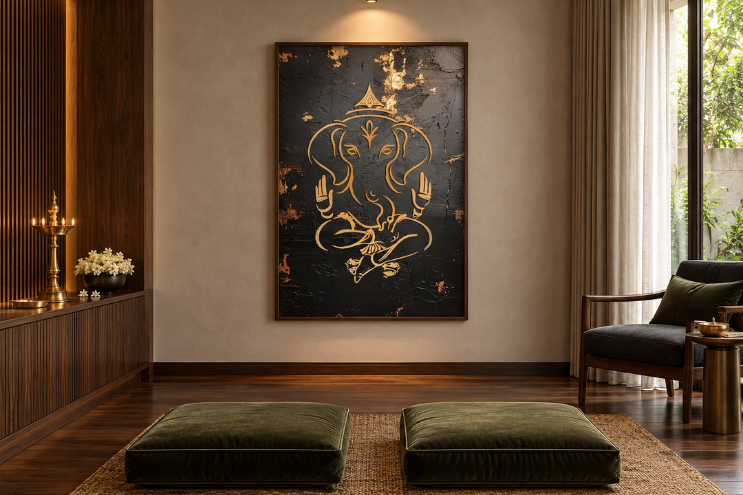 Minimalist black and gold framed canvas wall art of Lord Ganesha in a modern meditation room.
